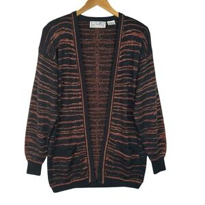VTG 80s‎ Sparkle Metallic Cardigan Small Glitter Black Copper Striped Open Front